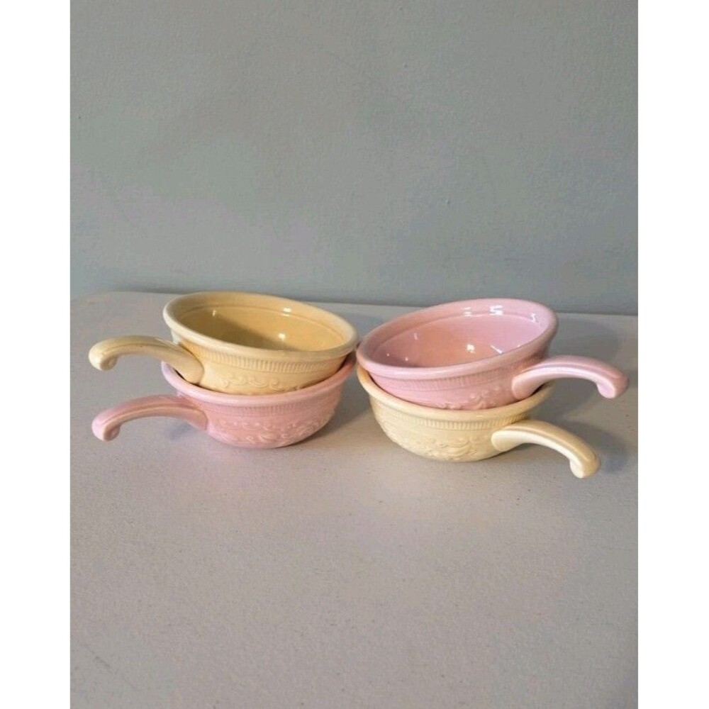 VTG Genuine Oven Serve Ware Pink Yellow Soup Bowl Floral Handle T.S.T. Set of 4 - Picture 2 of 12